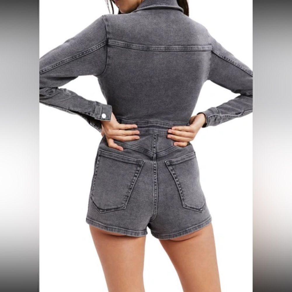 Good American Black Gray Denim Romper Jean Long Sleeve Collared One Piece Sze 2 - Picture 4 of 11